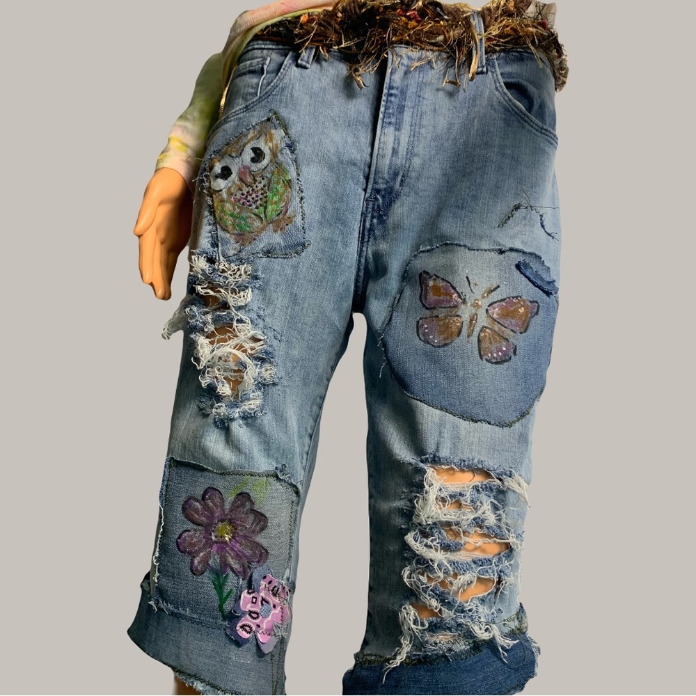 Homemade Patched Up Upcycled Blue Denim Cutoff Shorts - Picture 2 of 13